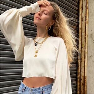 Orseund Iris Drama Cropped Satin Blouse in Cream